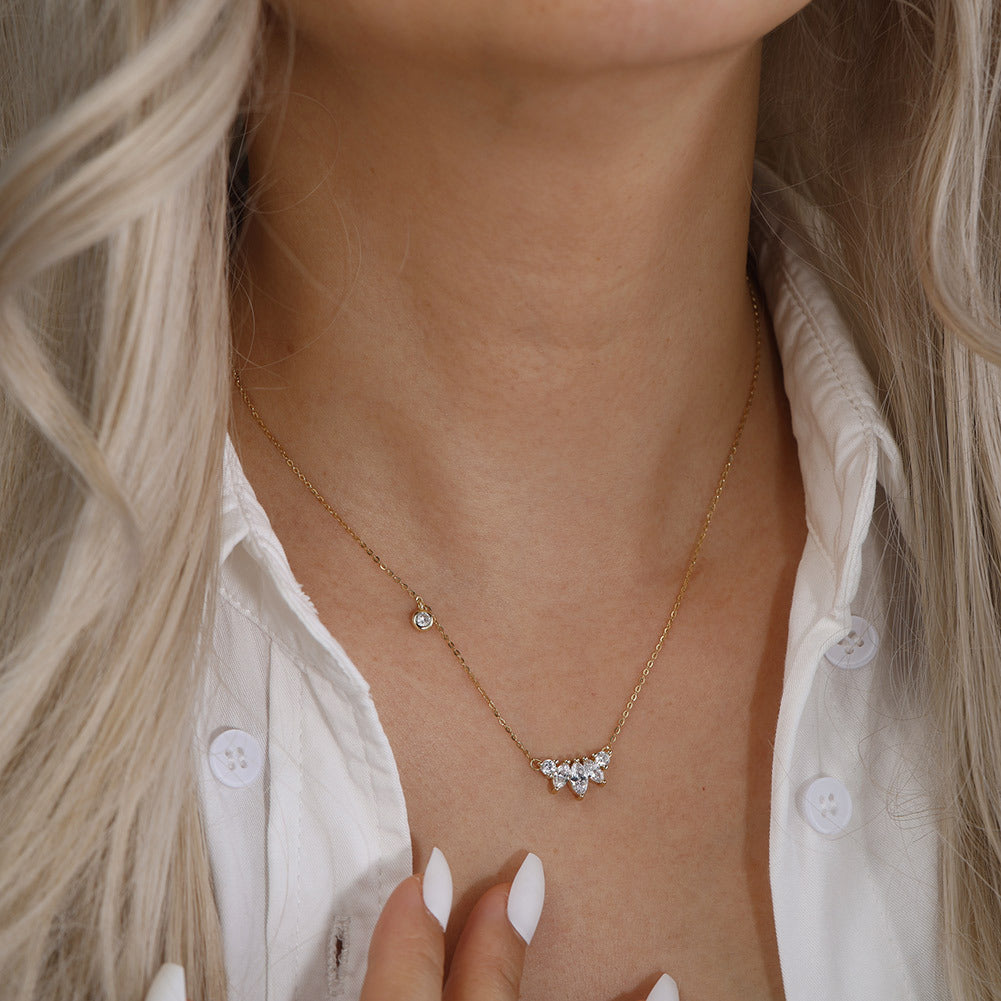 Silver Stainless Steel Marquise CZ Cluster Necklace, Leaf Shape Clear Cubic Zirconia Pendant with Single Side Tiny CZ Accent