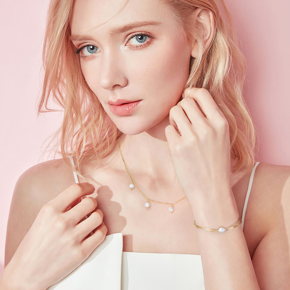 Gold Stainless Steel Dangling Imitation Pearl Necklace, 5pcs White Baroque Pearl Drop Charms On Delicate Cable Chain