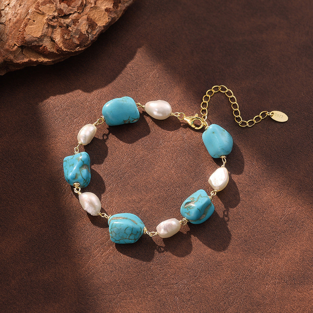 S925 Gold Plated Turquoise Pearl Bracelet, Irregular Baroque Lustrous Freshwater Pearls & Raw Turquoise Beads, Hand Wire Wrapped, Adjustable Extension Chain