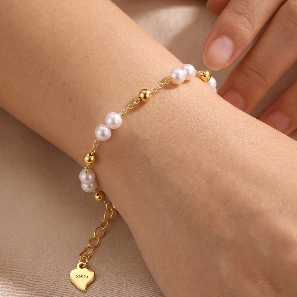 14K Gold Plated Dainty Cable Chain Bracelet, Lustrous White Freshwater Pearl Paired Beads with Gold Spacers, Heart Charm Adjustable Extension Chain