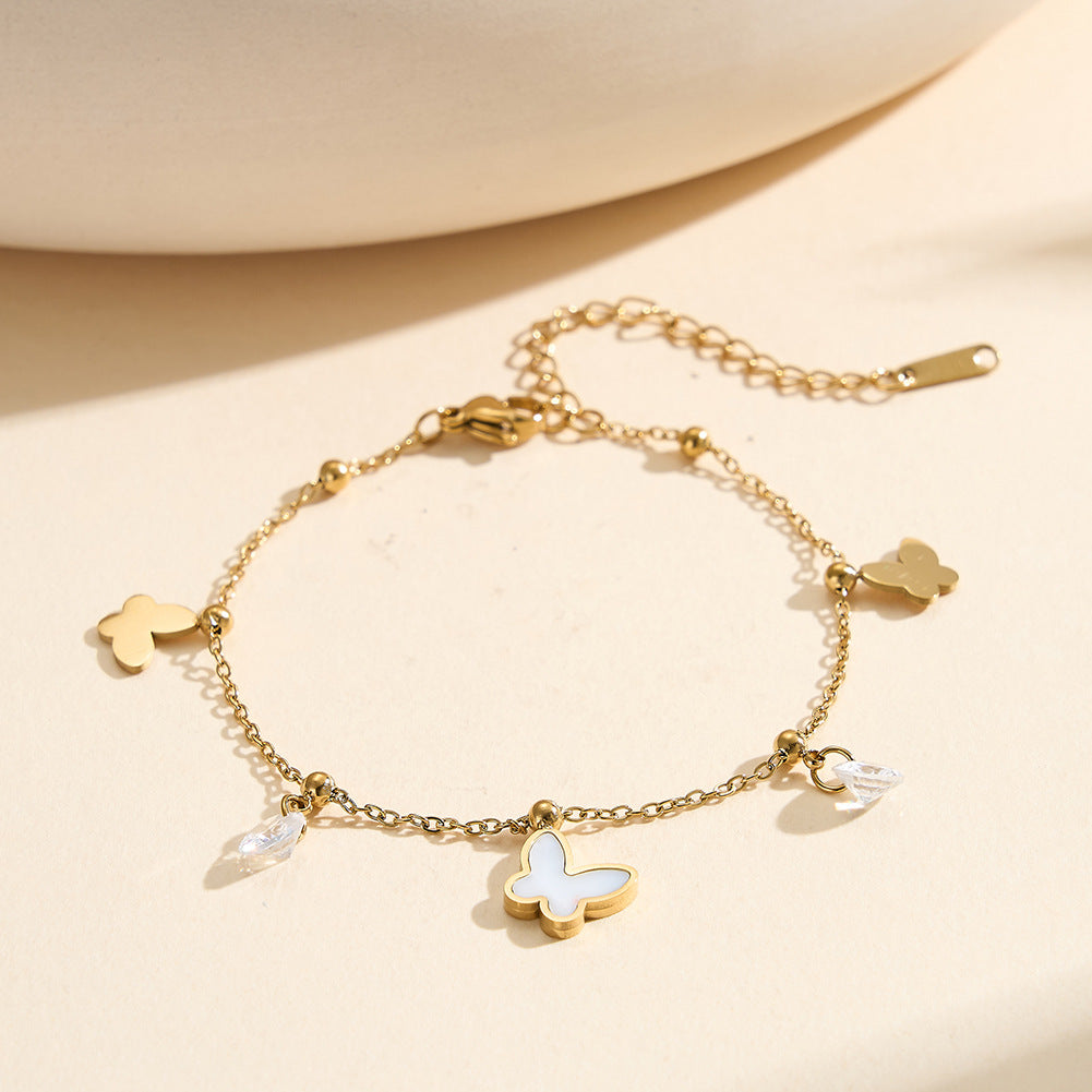 Gold Plated Stainless Steel Dainty Cable Chain Butterfly Bracelet, Mix Butterfly Charms with Round CZ Crystals & Metal Spacer Beads