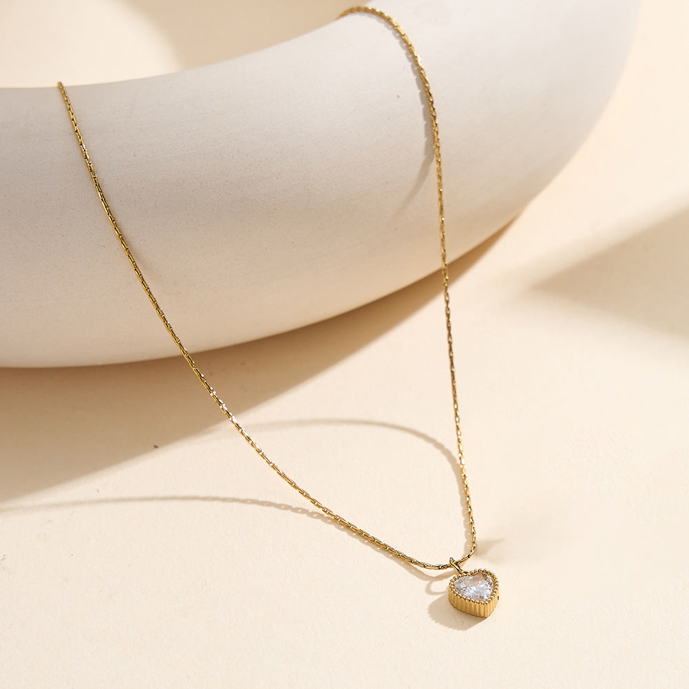 Gold Stainless Steel Bezel Heart CZ Necklace, Heart Shape Cubic Zirconia Surrounded by Tiny Beaded Frame, Thin Rectangle Link Chain