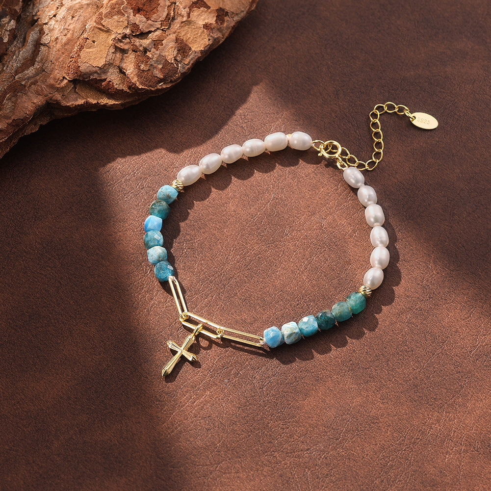 S925 Gold Plated Cross Charm Bracelet, Rice-shaped Lustrous Freshwater Pearls with Faceted Blue Apatite Stones, Paperclip Link & Cross Pendant