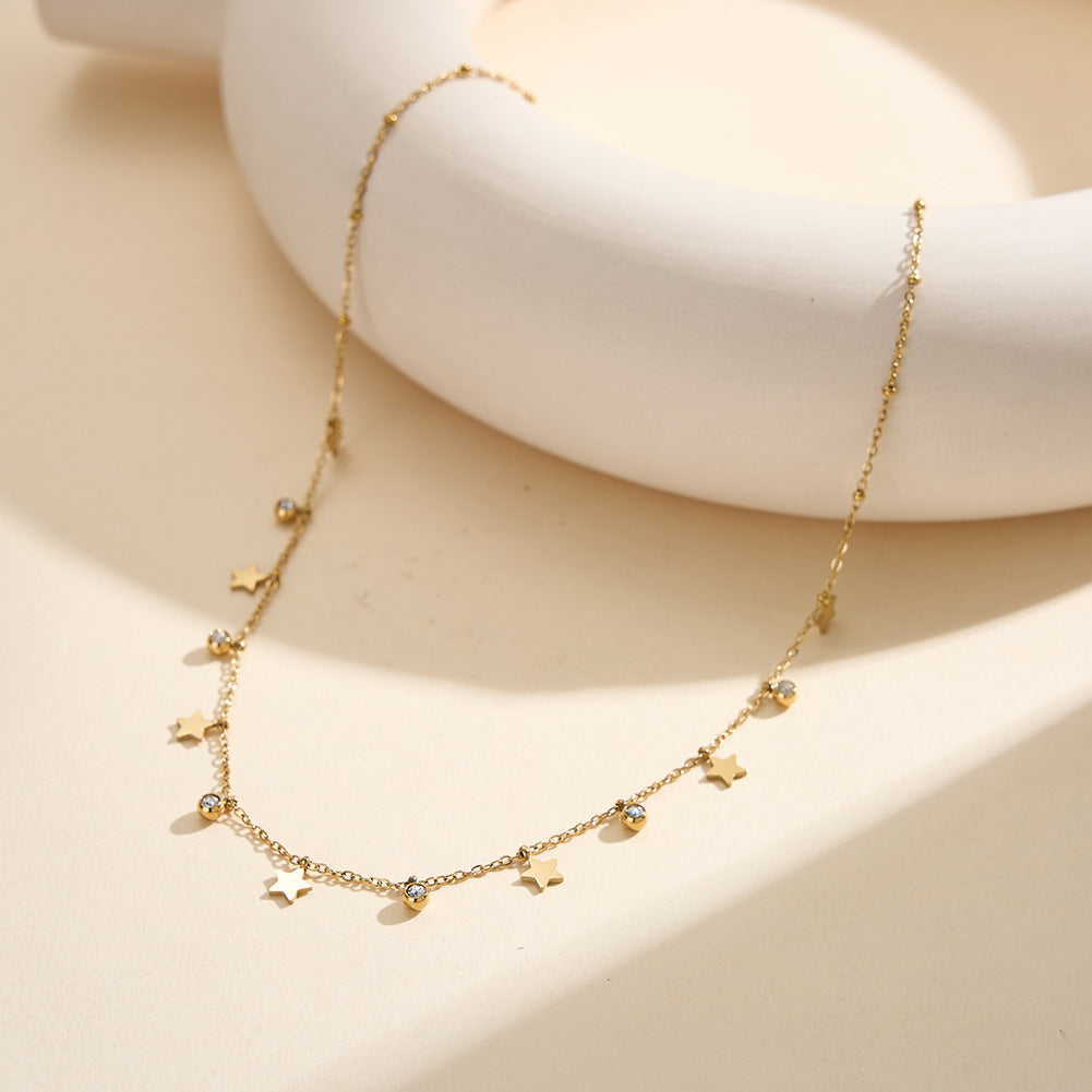 Gold Stainless Steel Star Drop Necklace, Multiple Solid Star Charms & Bezel Set Clear CZ Dangling on Thin Rolo Chain