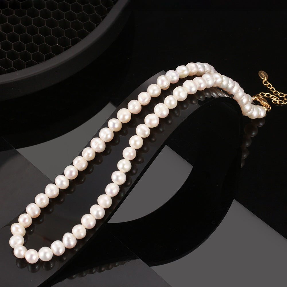 Gold Round Freshwater Pearl Necklace, Smooth Near Round Lustrous Pearl Full Beaded Choker with Extension Chain