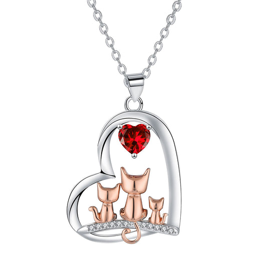 Copper With Silver/Rosgold Plated Heart Cats Pendant Necklace