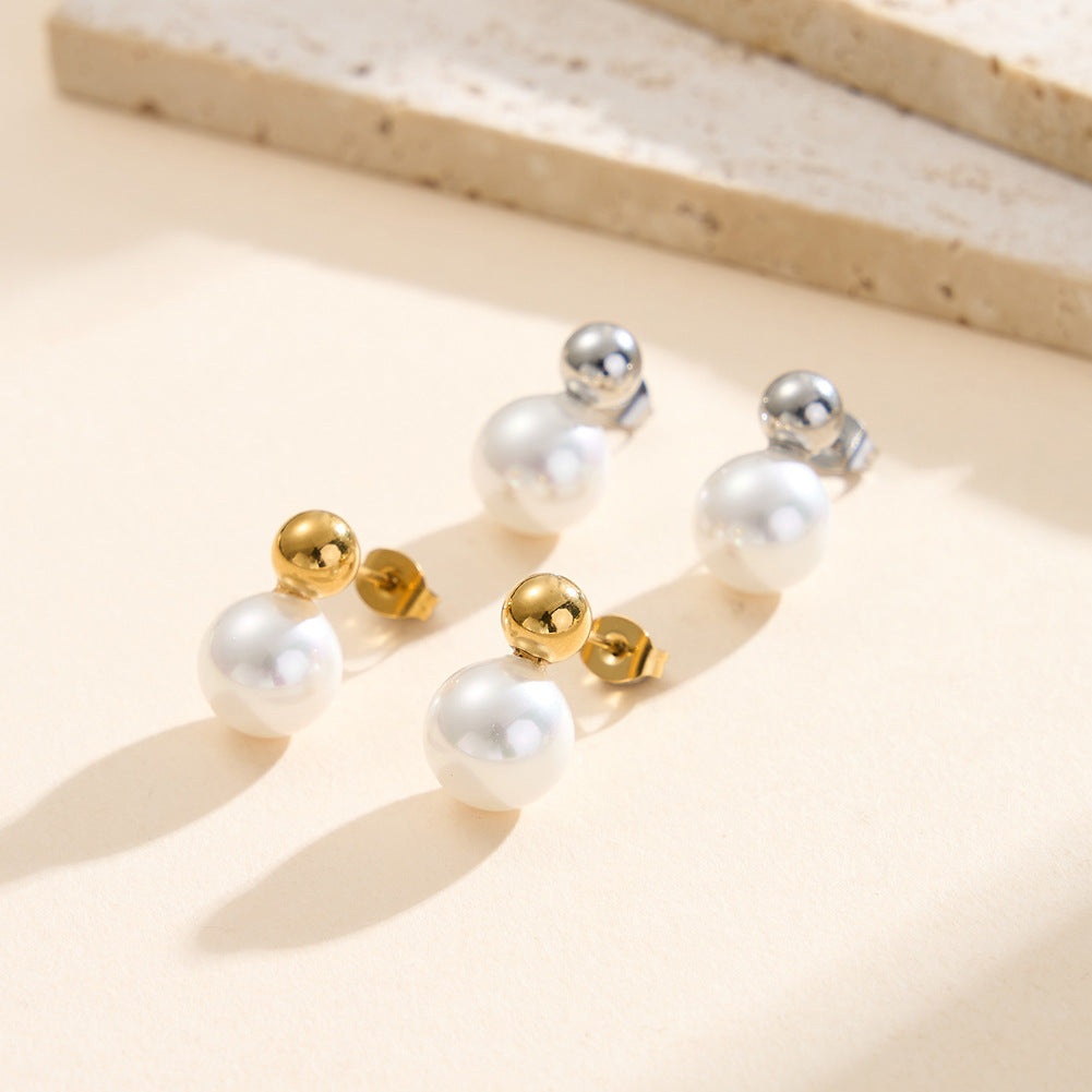 Gold Plated Stainless Steel Two-Ball Stud Earrings, Small Metal Ball and Large Imitation Pearl
