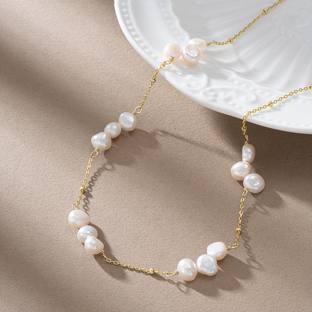 925 Sterling Silver Natural Pearl Necklace Fashion Jewelry Gift for Women Girls