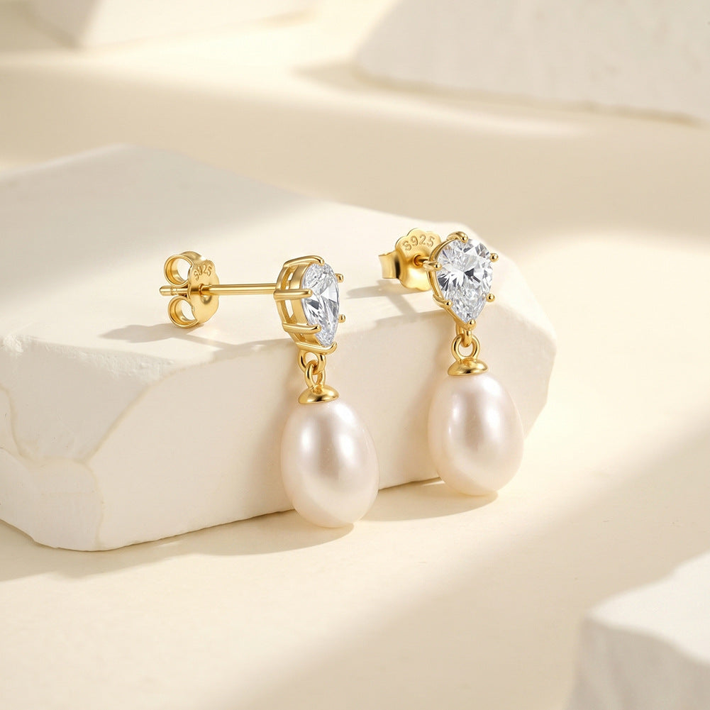 S925 Sterling Silver Pear Cut CZ Teardrop Freshwater Pearl Dangle Earrings, Pear Shape Cubic Zirconia with Lustrous Drop Pearl Earrings