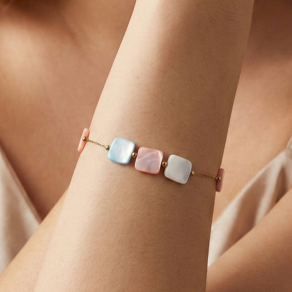 Gold Plated Stainless Steel Bracelet, Multicolor Square Shell Bead Station Chain, Adjustable Extension Clasp