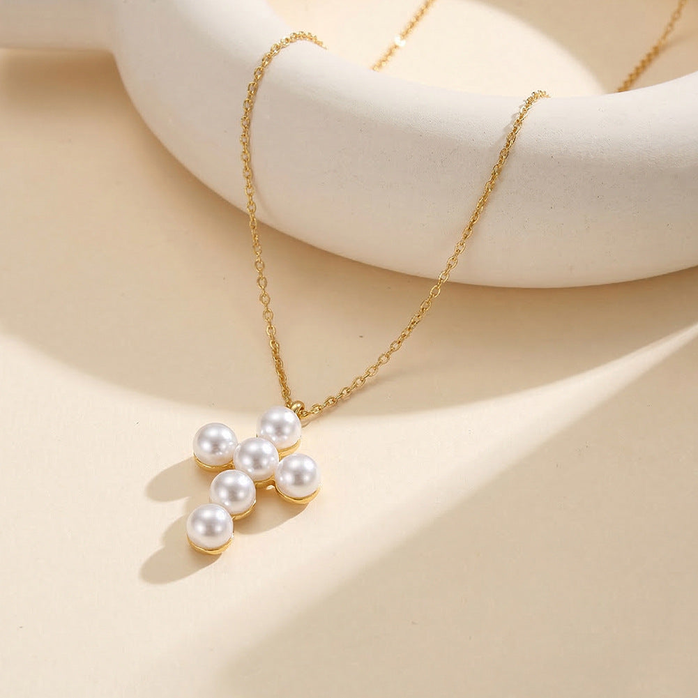 Gold Stainless Steel Pearl Cross Necklace, 6 Round White Imitation Pearl Cross Pendant, Dainty Rolo Link Chain