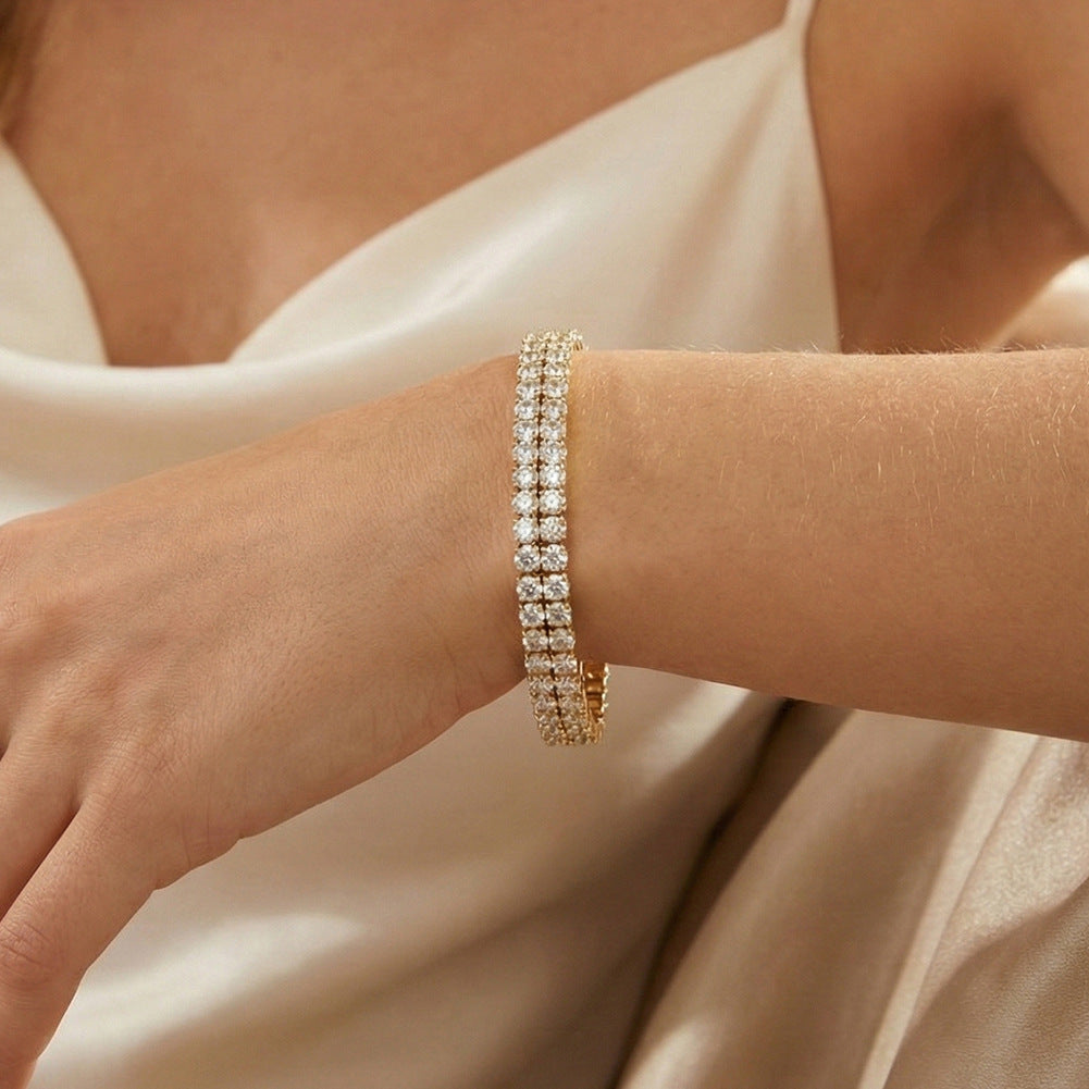 Silver Stainless Steel Stretch Tennis Bracelet, Multi Row Round CZ Stones Elastic Stackable Bangle