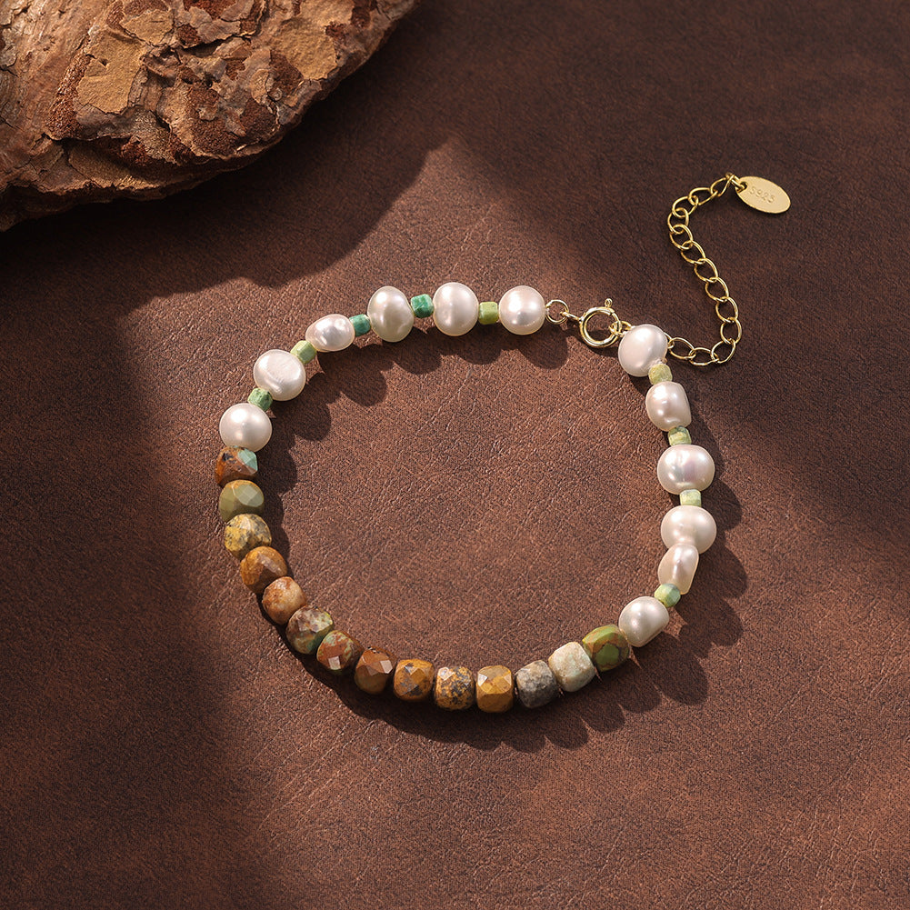 S925 Gold Plated Beaded Bracelet, Lustrous Baroque Freshwater Pearl with Faceted Brown Natural Stone Beads, Adjustable Extension Chain