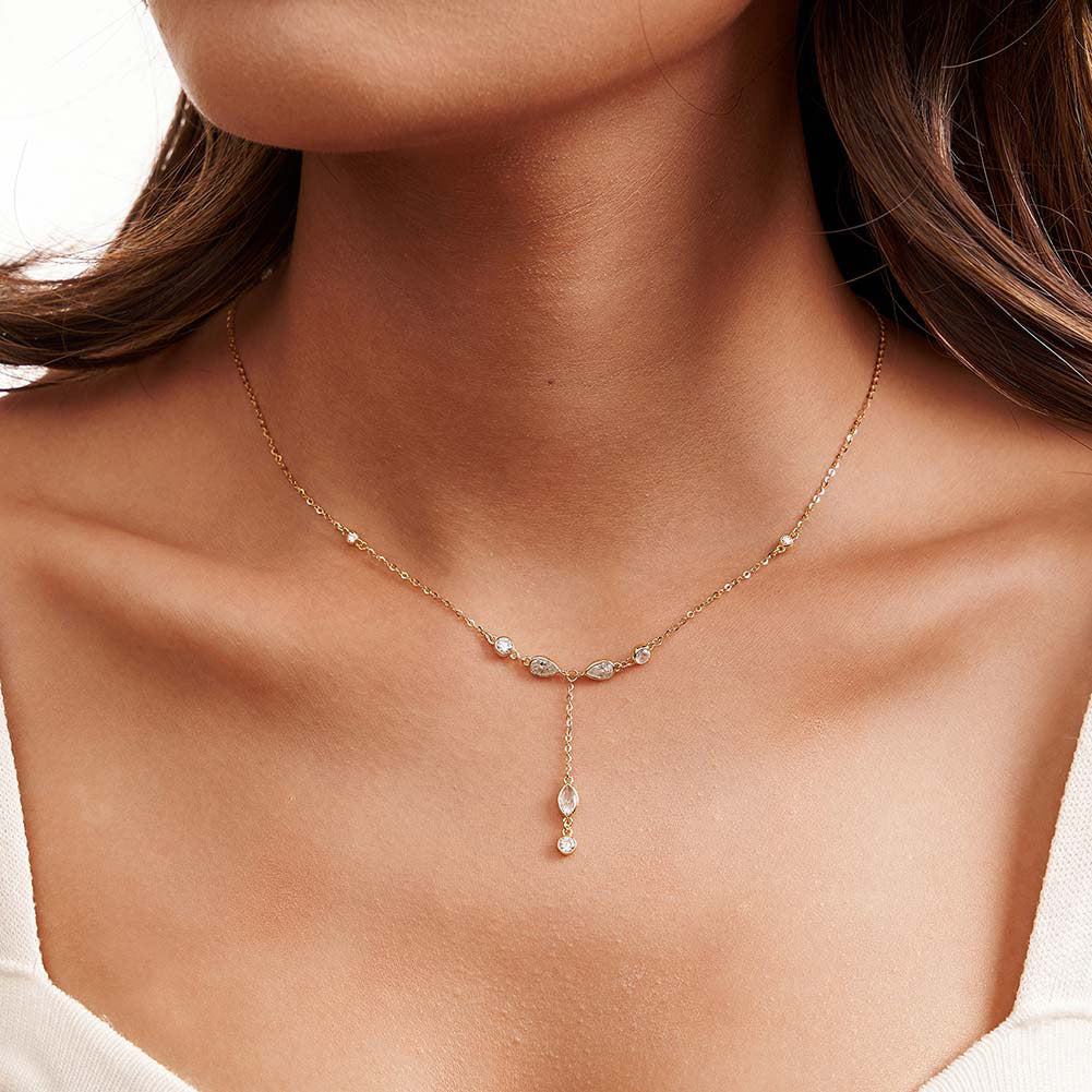 Gold Stainless Steel CZ Y-Drop Necklace, Round & Marquise Cut Cubic Zirconia Bezel Set Station Chain Lariat Necklace