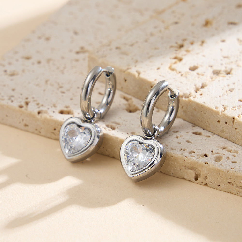 Gold Plated Stainless Steel Bezel Set Heart CZ Charm Huggie Hoop Earrings