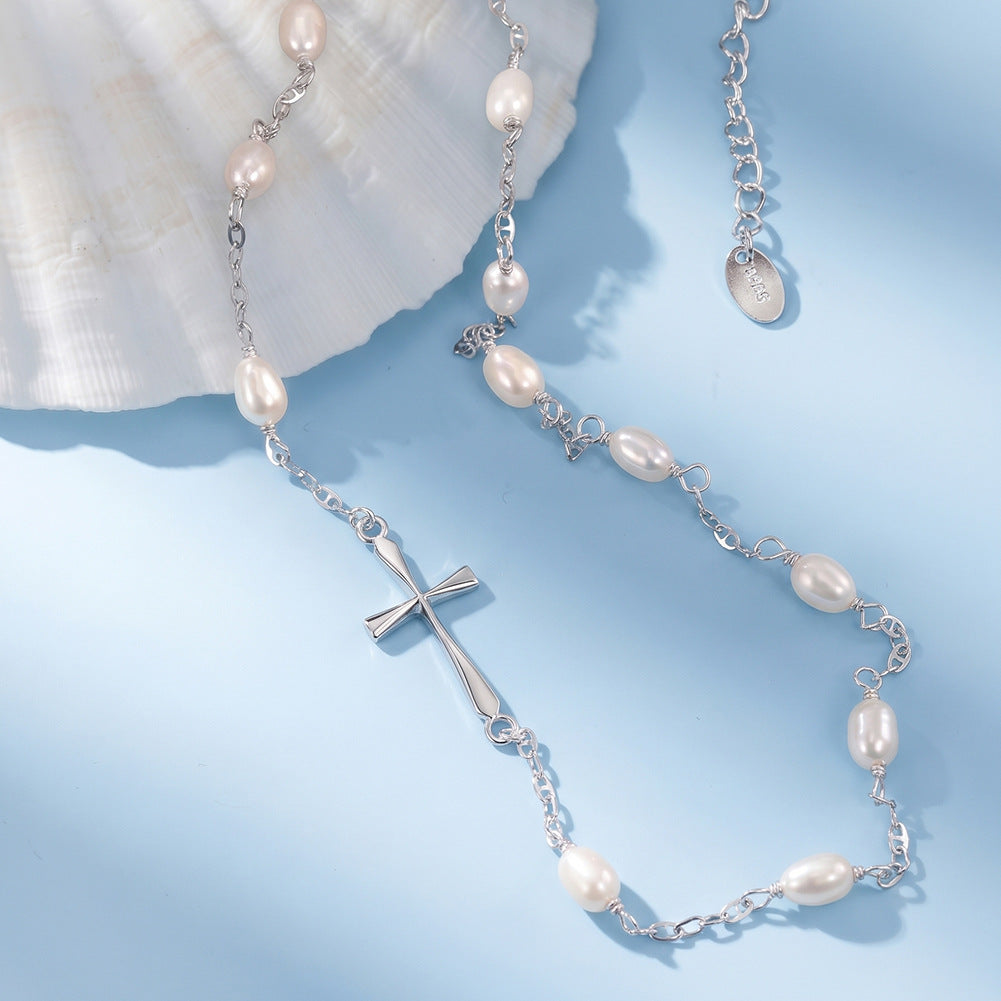 Silver Stainless Steel Rice Pearl Station Necklace, Oval Freshwater Style Pearls With Slim Simple Cross Pendant Adjustable Chain
