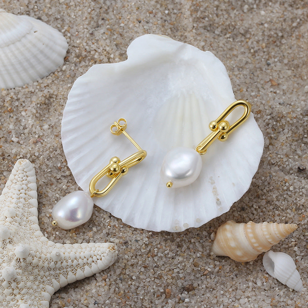S925 Gold Plated U-Shaped Link Baroque Pearl Drop Earrings, Irregular Organic Freshwater Baroque Pearl with Natural Soft Shine & Modern Hardware Design