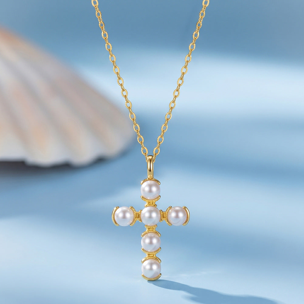 Cross Shape Freshwater Pearl Necklace, 6pcs Round Luminous Cultured Pearls Silver Cross Pendant