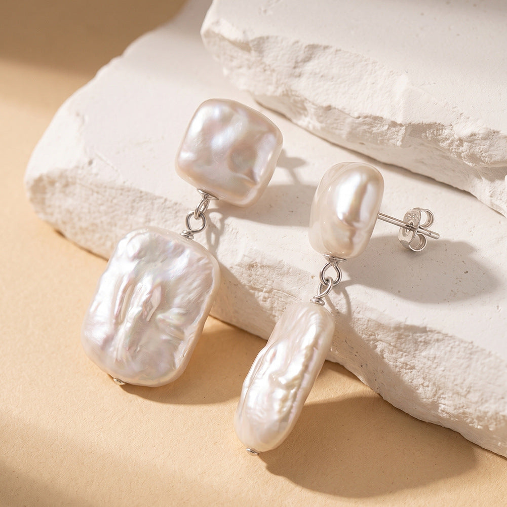 S925 Sterling Silver Double Layer Baroque Pearl Drop Earrings, Two Tier Rectangle Irregular Freshwater Baroque Pearl Dangle Earrings