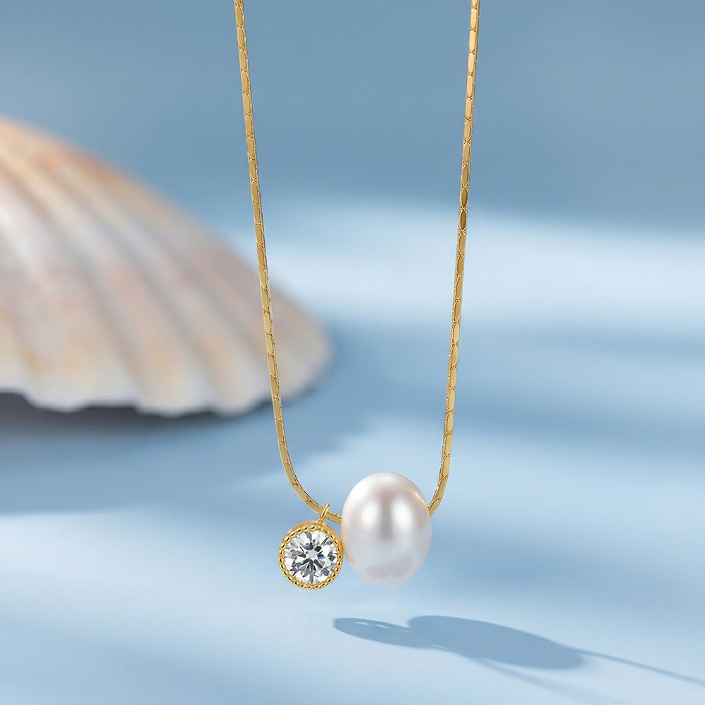 Single Large Glossy Oval Freshwater Pearl Necklace, Solitaire Lustrous Pearl with Tiny Cubic Zirconia Accent S925 Silver Snake Chain