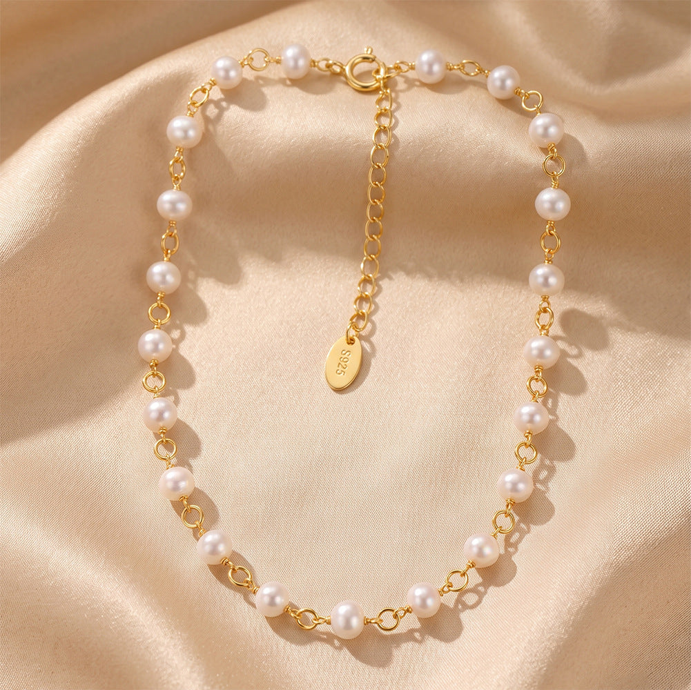 Full Strand Round Lustrous Freshwater Pearl Station Necklace, Uniform White Cultured Pearls Gold Plated S925 Link Chain