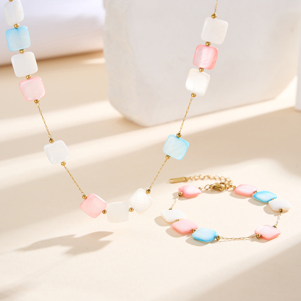 Gold Stainless Steel Square Shell Beaded Necklace, Multicolor Pink Blue White Mother of Pearl Square Beads, Rolo Link Chain