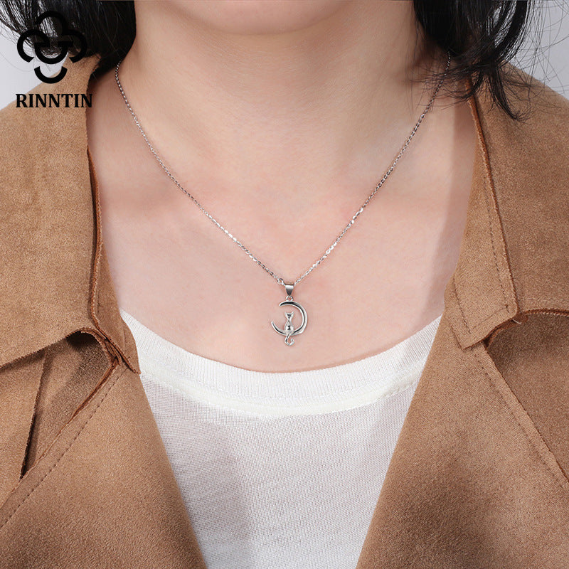 Silver Stainless Steel Cat On Crescent Moon Necklace, Polished Plain Cat Sitting On Curved Moon Charm Rolo Chain