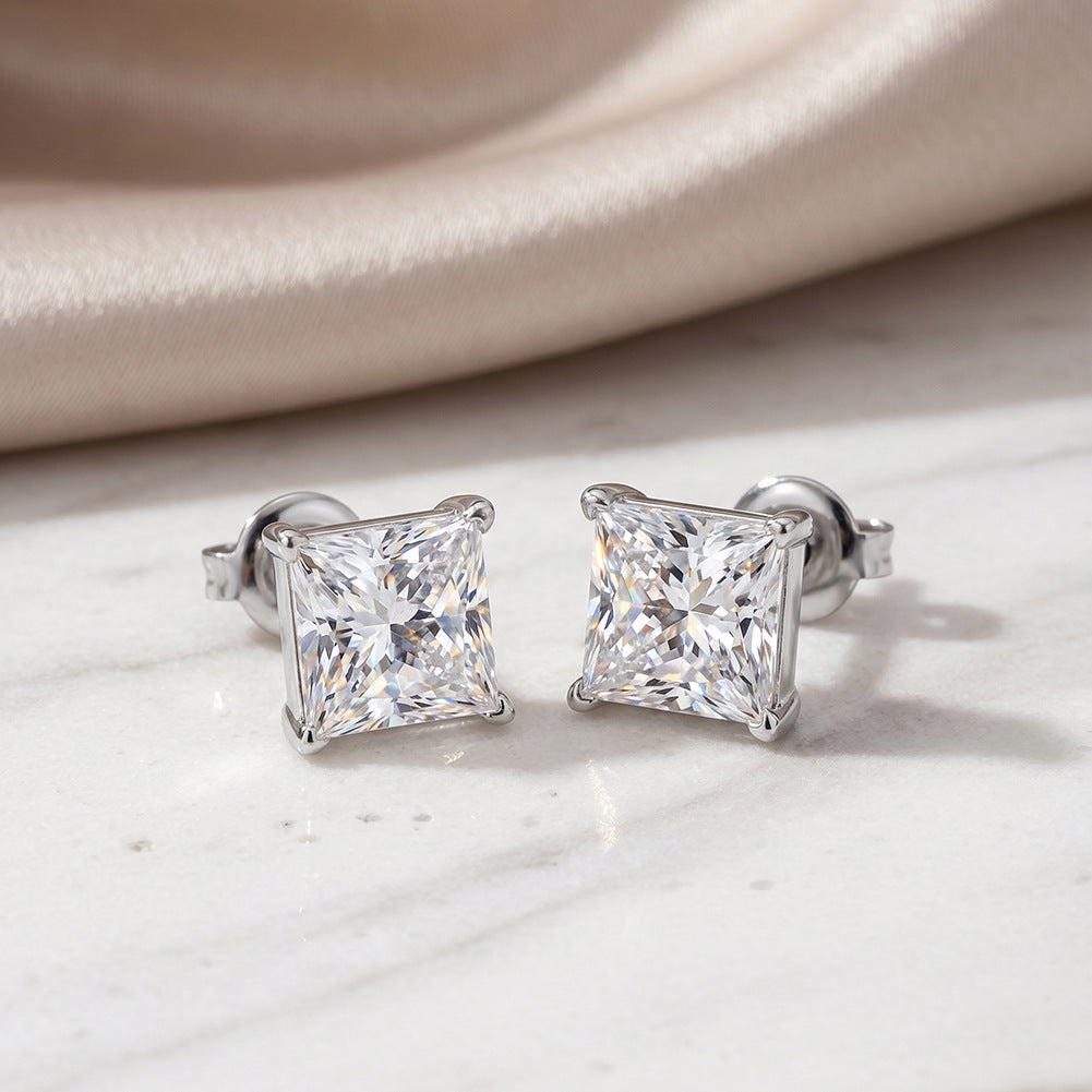 Gold Plated 316 Stainless Steel Stud Earrings, Princess Square Cut Clear Cubic Zirconia Four Prong Setting
