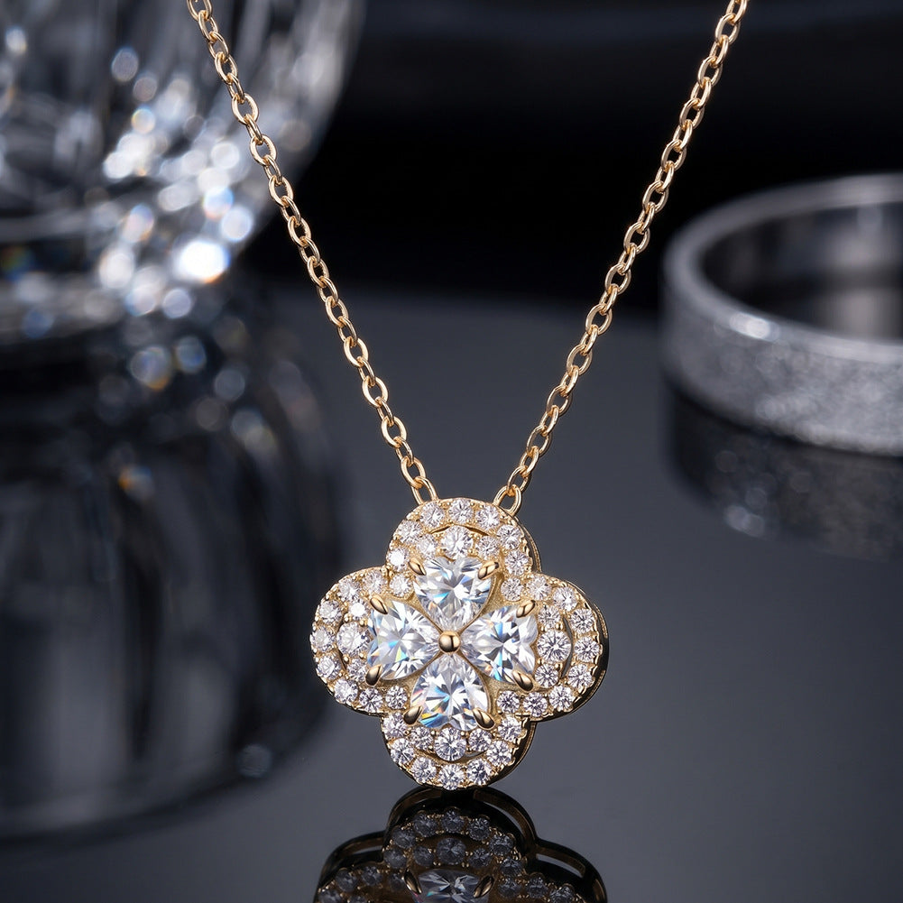 Gold Stainless Steel Four Leaf Clover Necklace, Paved Pear & Round Cut Clear CZ Quatrefoil Pendant Dainty Rolo Chain