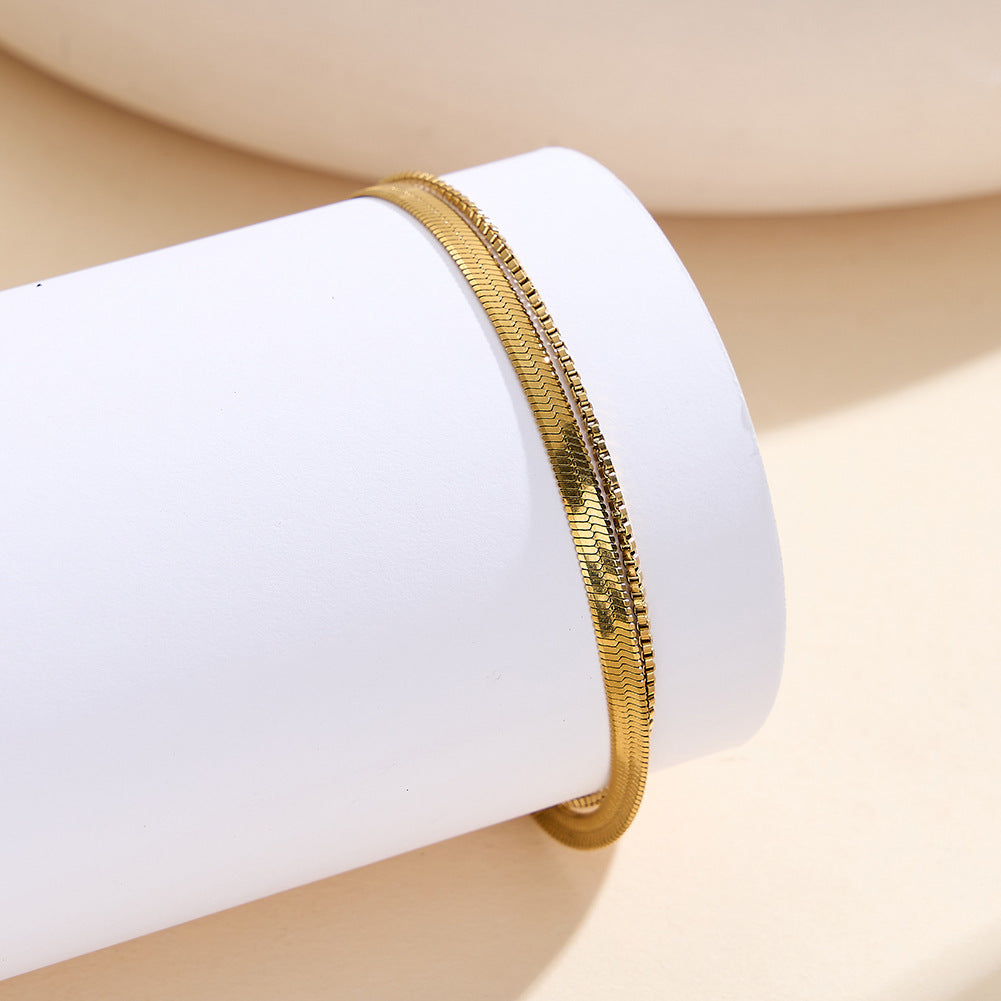 Gold Plated Stainless Steel Double Flat Herringbone Snake Bracelet, Stackable Thin Fishbone Chain, Adjustable