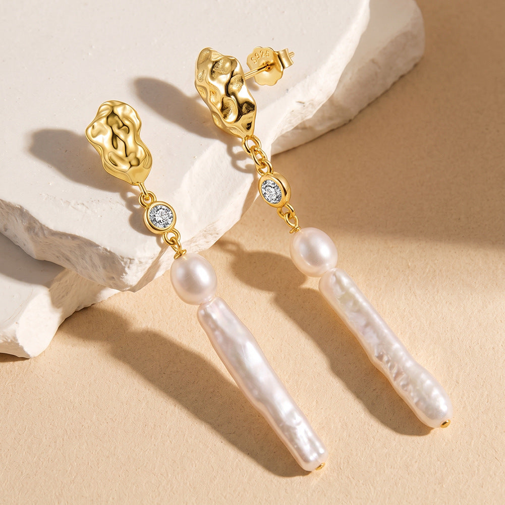 S925 Silver Long Vertical Baroque Pearl Drop Earrings, Hammered Metal Detail, CZ Stone Accent, Rice & Stick Freshwater Pearl Linear Earrings
