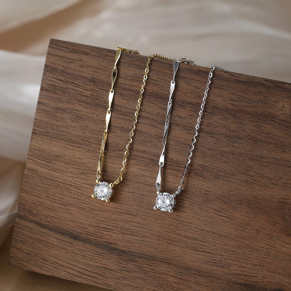 Silver Stainless Steel Solitaire Round CZ Necklace, Four Prong Single Clear Zircon Pendant Mixed Twisted & Cable Chain