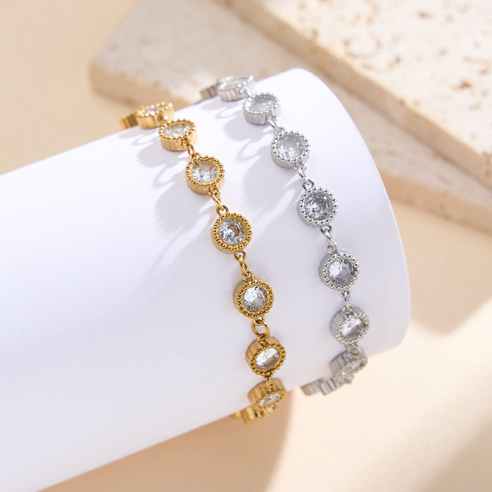 Gold Plated Stainless Steel Round Bezel CZ Bracelet, Milgrain Edge Cubic Zirconia Station Links, Adjustable Extension Chain