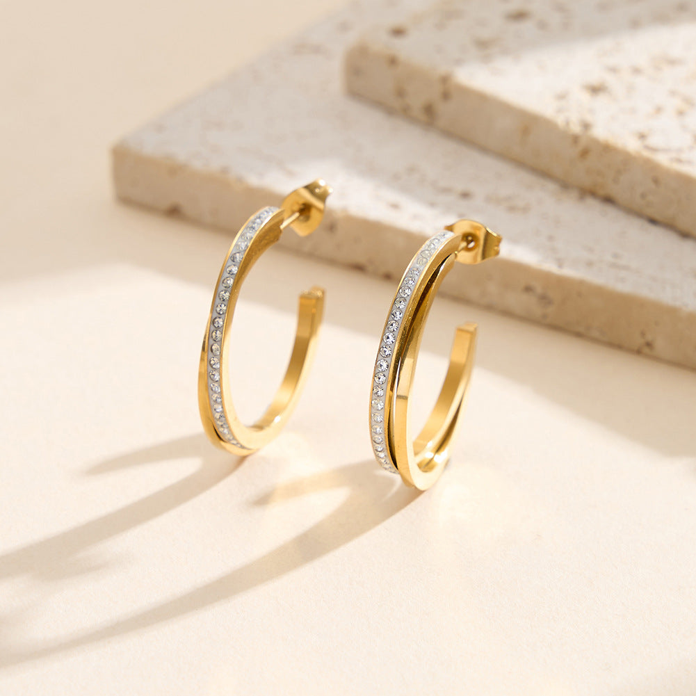 Silver Stainless Steel Double Layer Open C Hoop Earrings With Paved CZ Stones