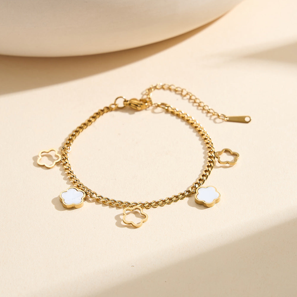 Gold Plated Stainless Steel Curb Chain Bracelet, Hollow Four Leaf Clover Charms with White Mother of Pearl Inlay, Adjustable Extension Chain