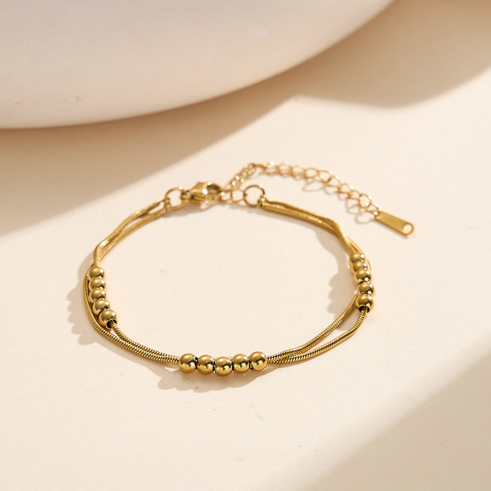 Gold Plated Stainless Steel Dual Layer Snake Chain Bracelet, Cluster Round Ball Beads Decorations, Adjustable Extension