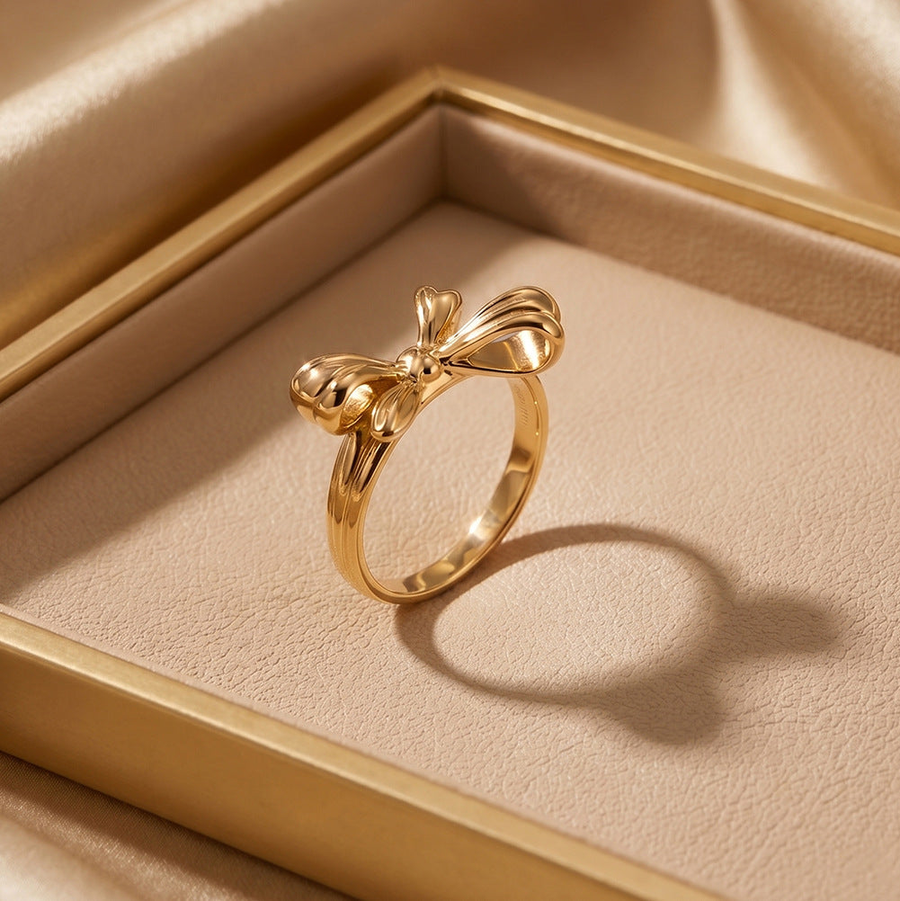 Gold Plated Stainless Steel Polished 3D Bow Knot Statement Ring