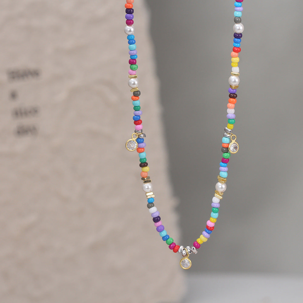 Gold Stainless Steel Rainbow Beaded Necklace, Mixed Color Seed Beads with Imitation Pearl & Oval CZ Charm Adjustable Chain