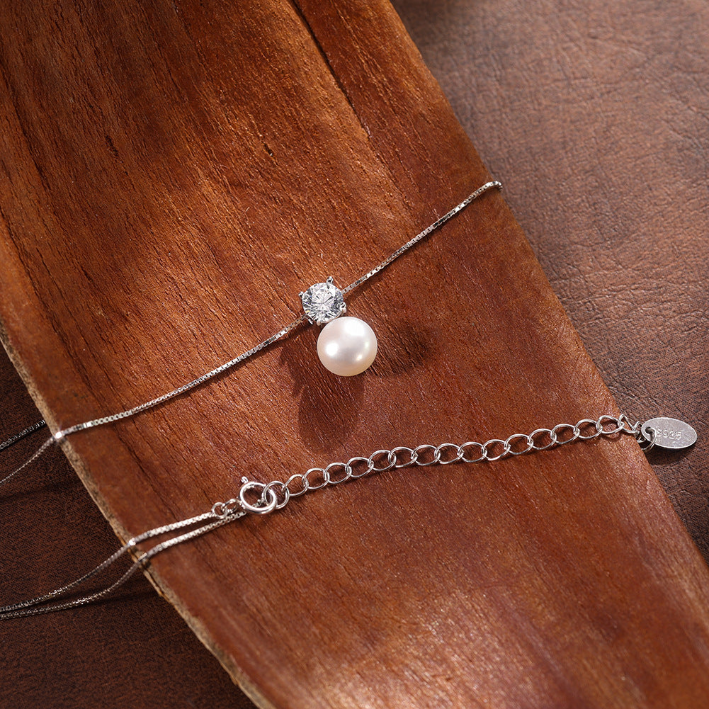 Single Large Round Lustrous Freshwater Pearl Pendant Necklace, White Cultured Pearl with Round Cubic Zirconia Top S925 Silver Box Chain