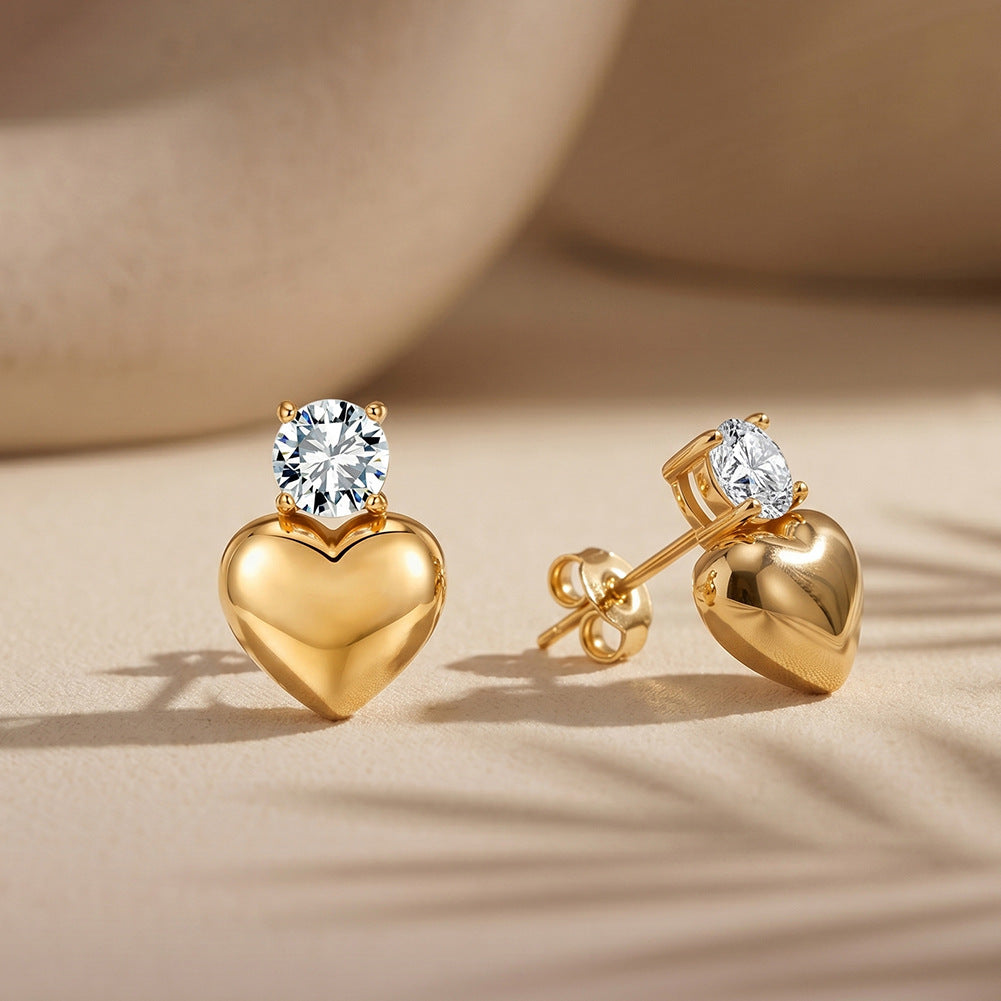Gold Plated Stainless Steel Round CZ Stud Earrings with Puffy Heart Drop