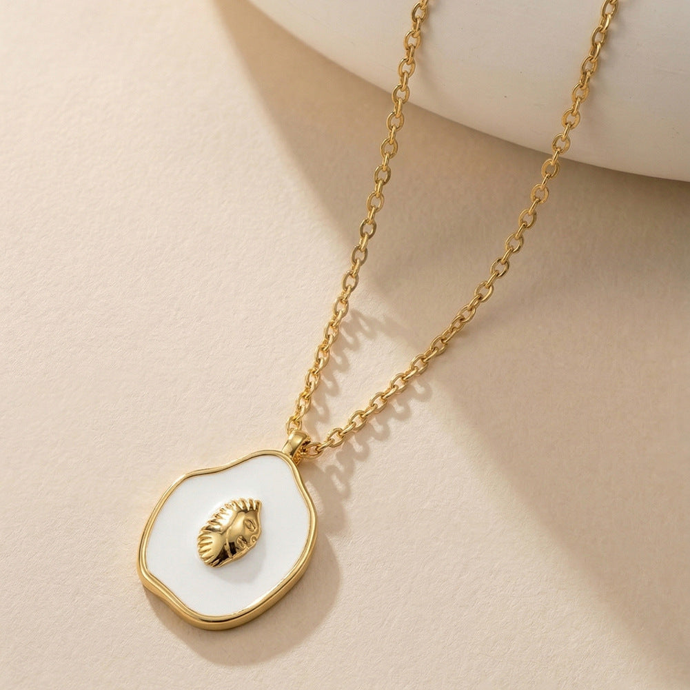 Gold Stainless Steel Irregular Shell Pendant Necklace, White Enamel With 3D Seashell Charm Cable Chain