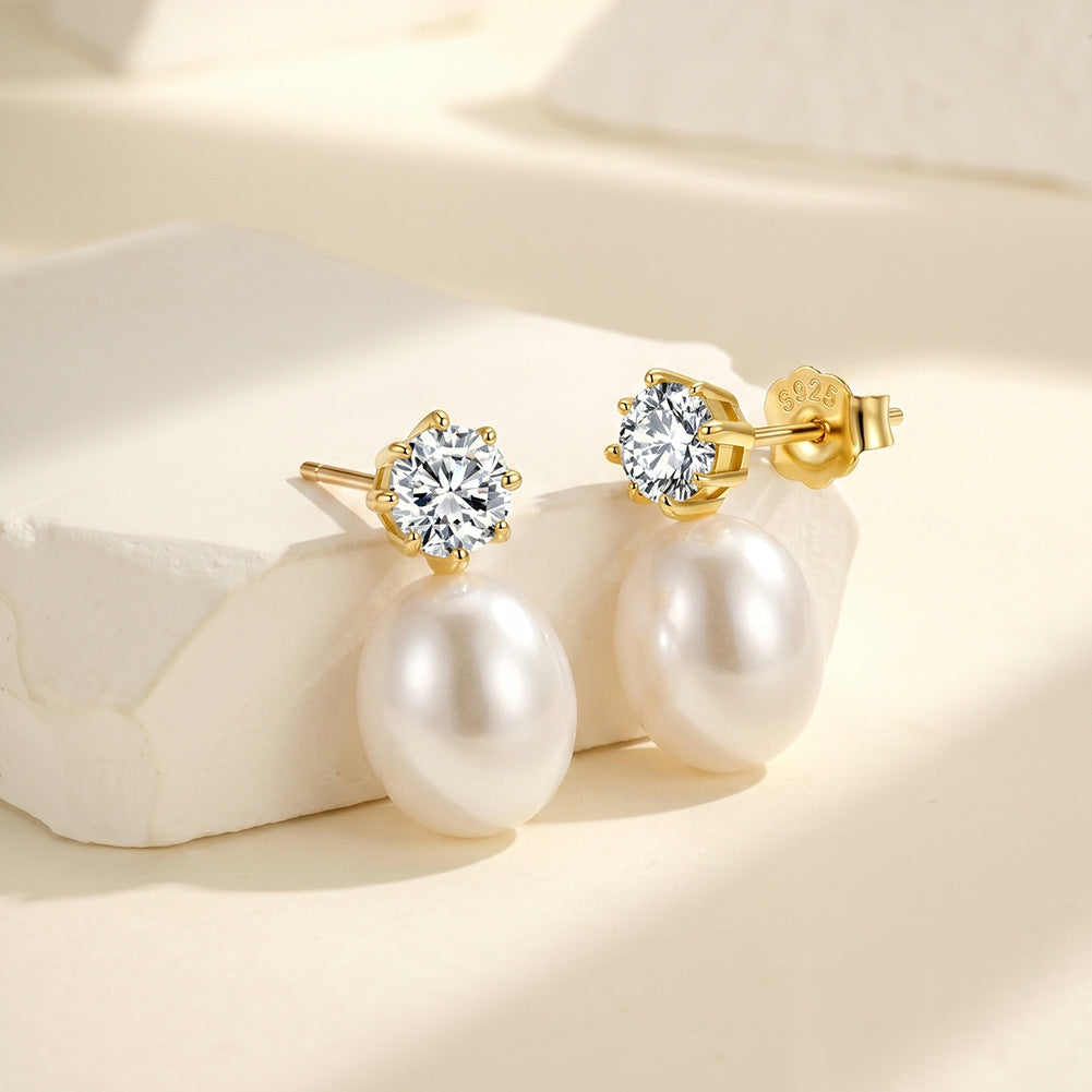 Pendientes de aro con perla natural en plata de ley 925, joyería de moda, regalo para mujeres y niñas.