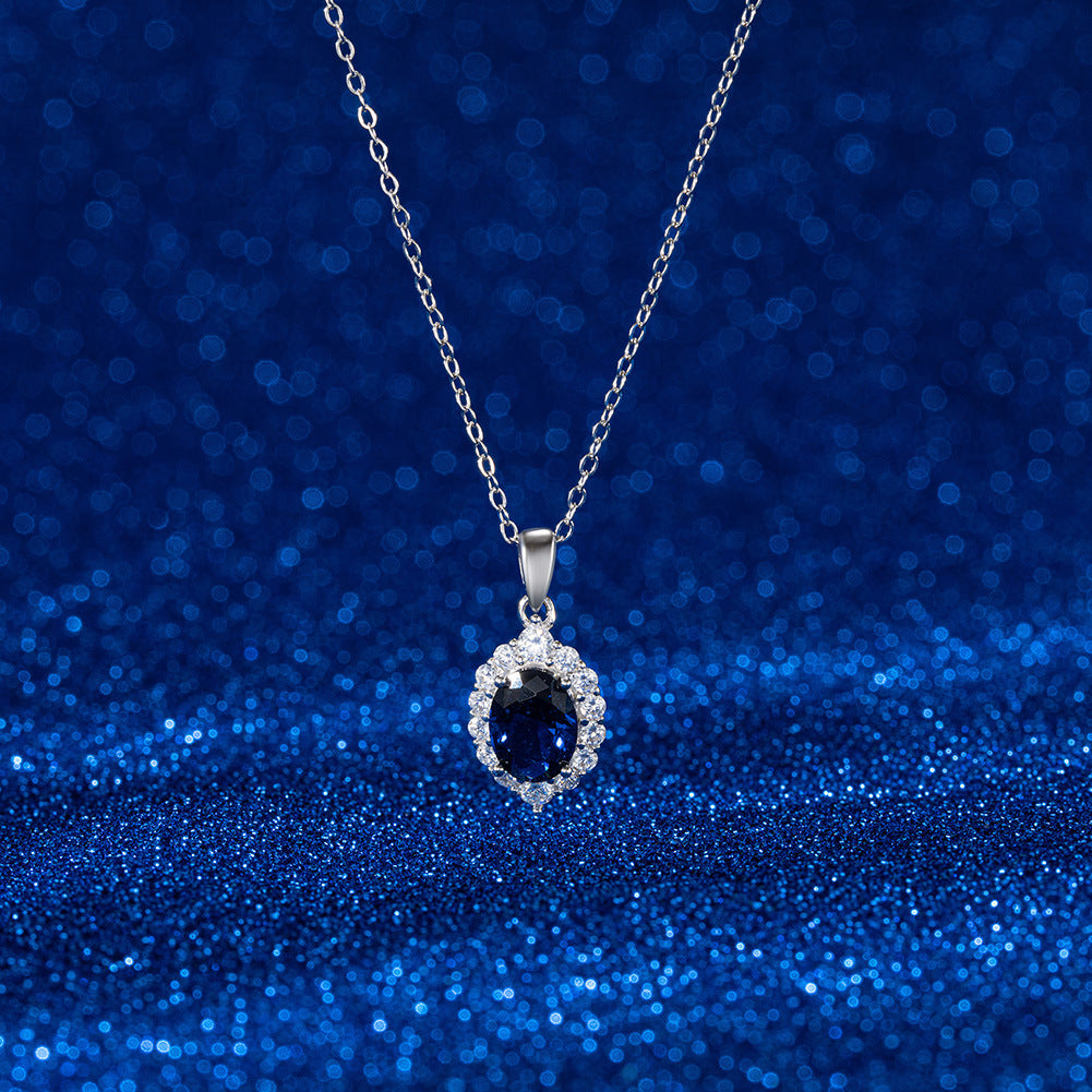Silver Stainless Steel Oval Blue CZ Halo Pendant Necklace, Oval Deep Blue Cubic Zirconia Surrounded With Pave Clear CZ Stones