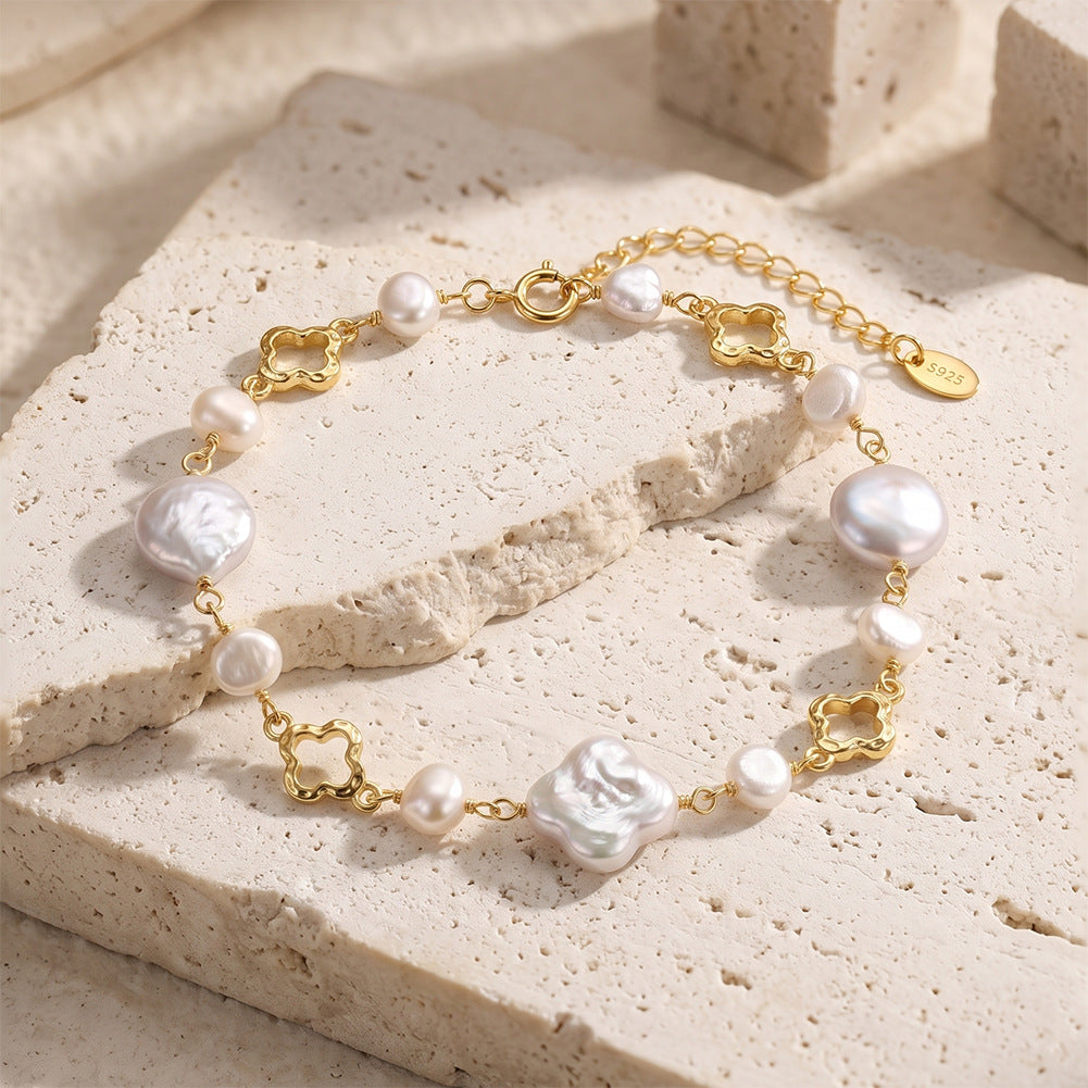 S925 Gold Plated Clover Link Bracelet, Mixed Lustrous Baroque Coin & Petal-shaped Freshwater Pearls, Hollow Four-leaf Clover Metal Links, Adjustable Extension Chain