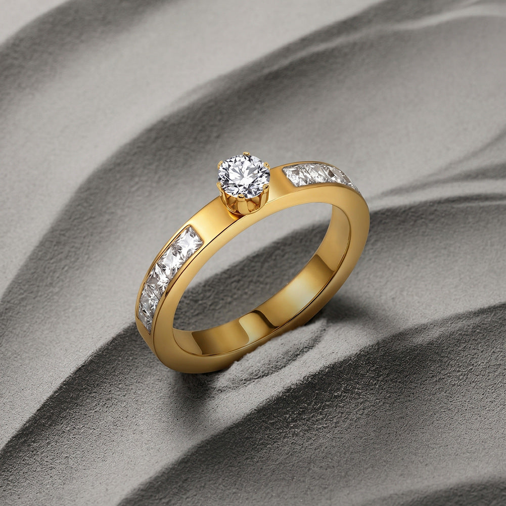 Gold Plated Stainless Steel Ring, Round CZ Solitaire with Baguette Side Stones Band