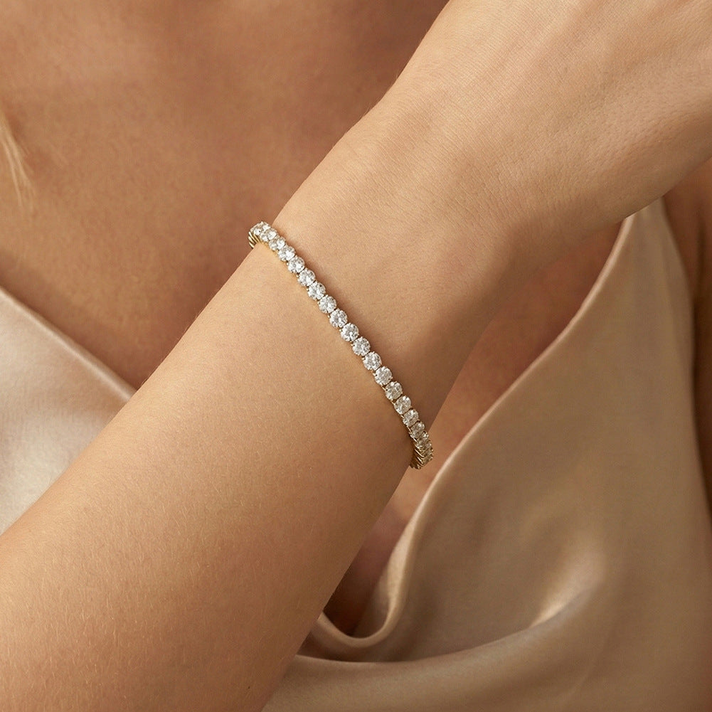 Silver Stainless Steel Stretch Tennis Bracelet, Flexible Elastic Band Fully Paved Cubic Zirconia, No Clasp