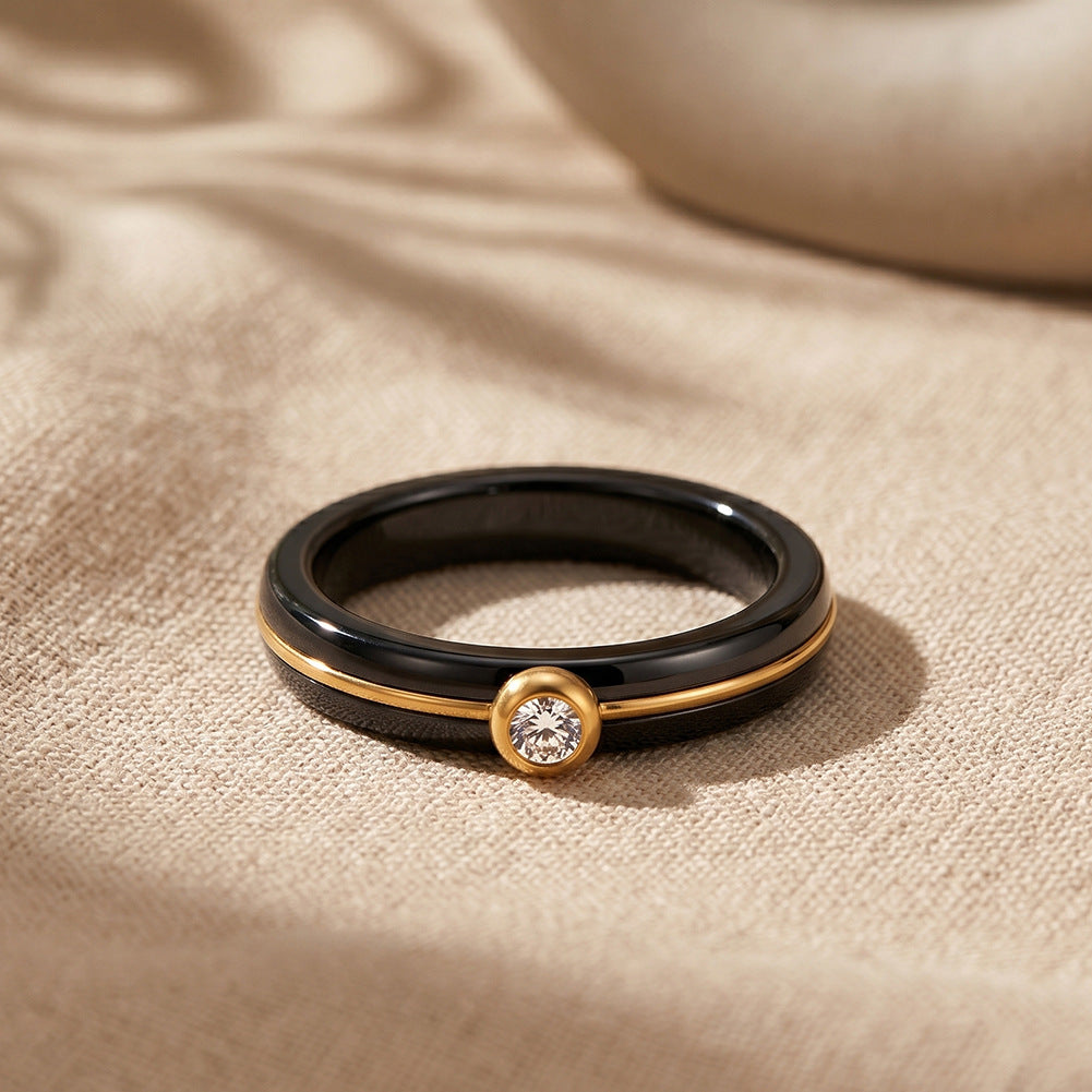Black Ceramic Ring with Gold Plated Stainless Steel Inlay & Bezel Set Round CZ, Thin Band