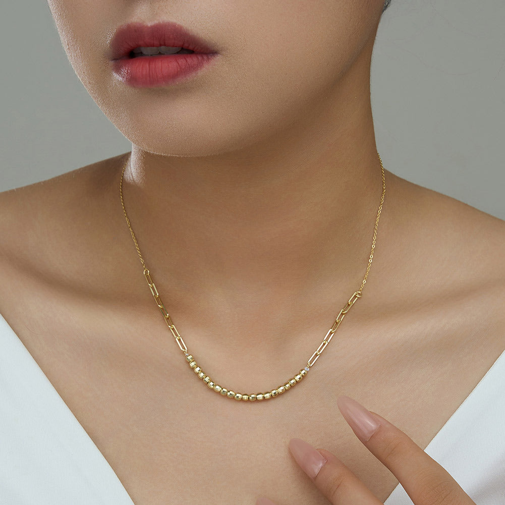 Gold Stainless Steel Mixed Link Faceted Bead Necklace, Paperclip Chain & Sparkling Cut Round Beads Choker