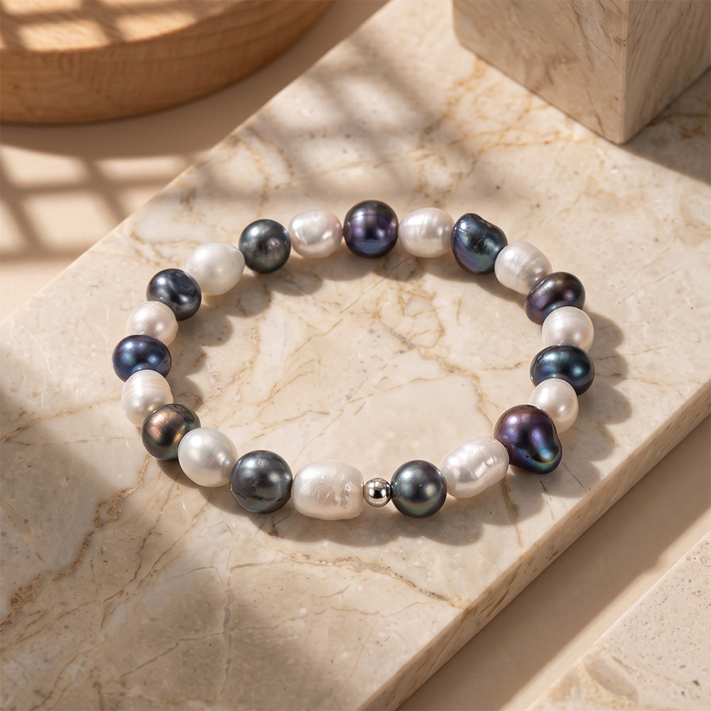 Stretch Beaded Bracelet, Mixed Black Peacock & White Baroque Freshwater Pearls with Polished Silver Metal Spacer Beads, Irregular Natural Pearl Luster