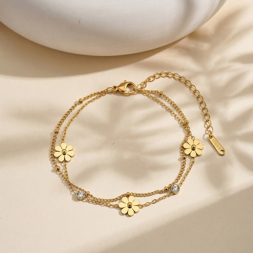 Gold Plated Stainless Steel Double Layer Daisy Bracelet, 3 Daisy Charms with 2 Round CZ Stones, Stackable Two Strand Chain
